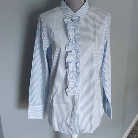 NWT Banana Republic tailored ruffled blouse, blue/white striped, 14 - Picture 2 of 9
